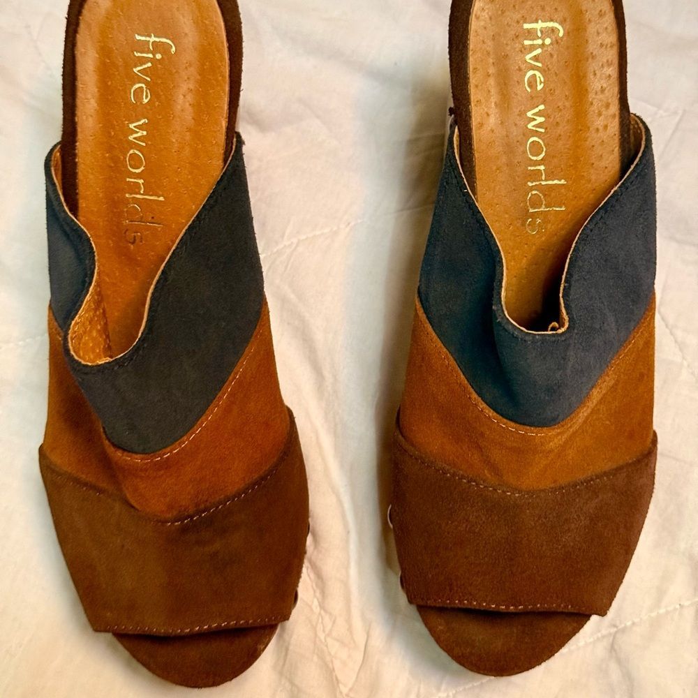 Five Worlds striped Suede platform clogs W/chunky wooden heels made in Mexico - Picture 5 of 9